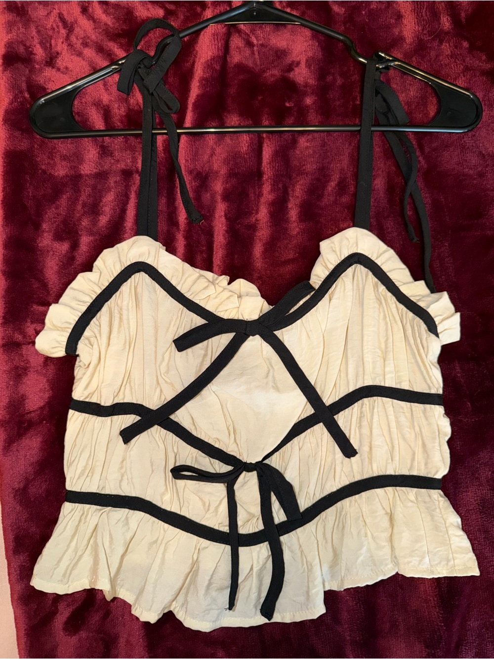 Tie Strap Smocked Ruffle Crop Top with Black Trim